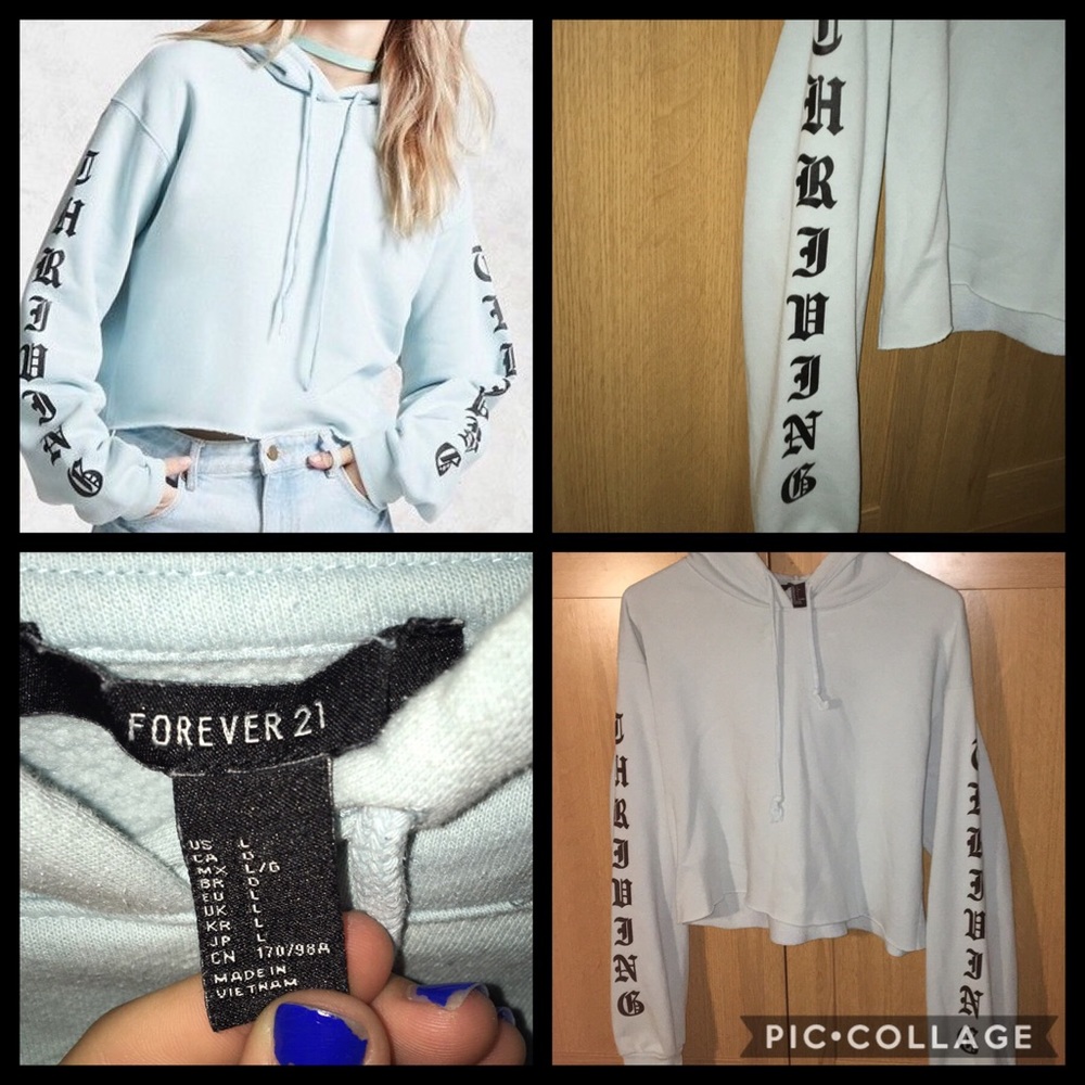 💙Forever 21💙Light Blue Cropped “Thriving” Hoodie